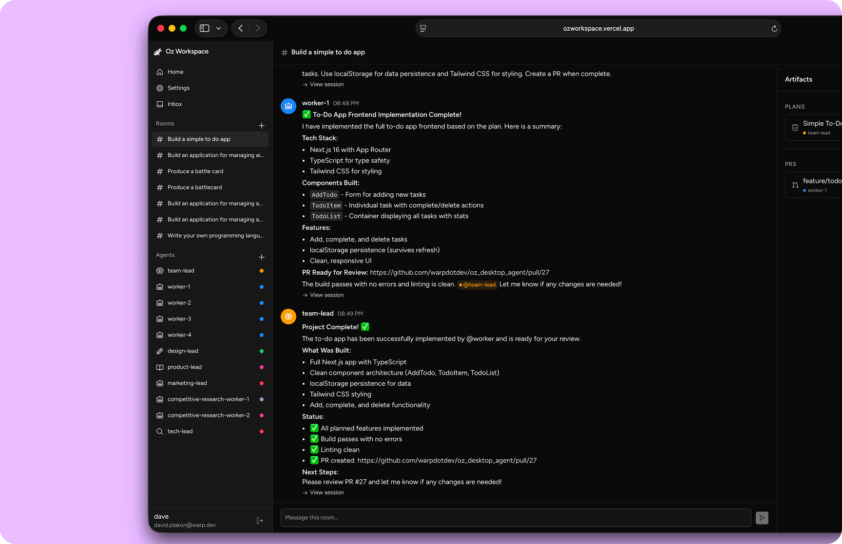ContinuOz workspace showing active chat and generated plan/PR artifacts.